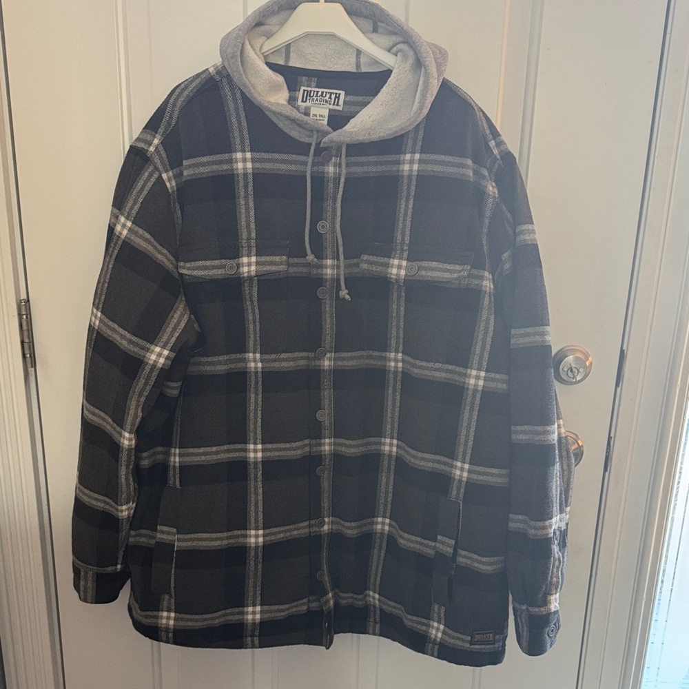 Duluth Trading Co. Black and Gray Plaid Jacket with Hood
